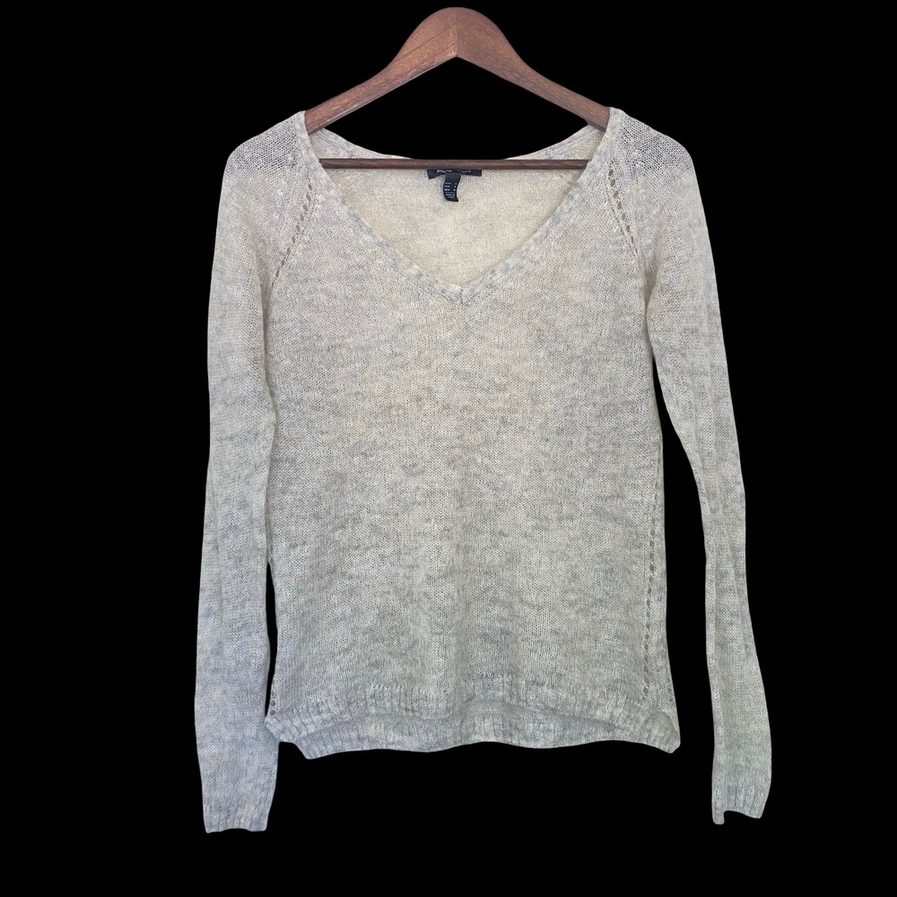 MNG Basics Womens Sweater S Grey Cream V-Neck Mohair Blend Pointelle Raglan Knit